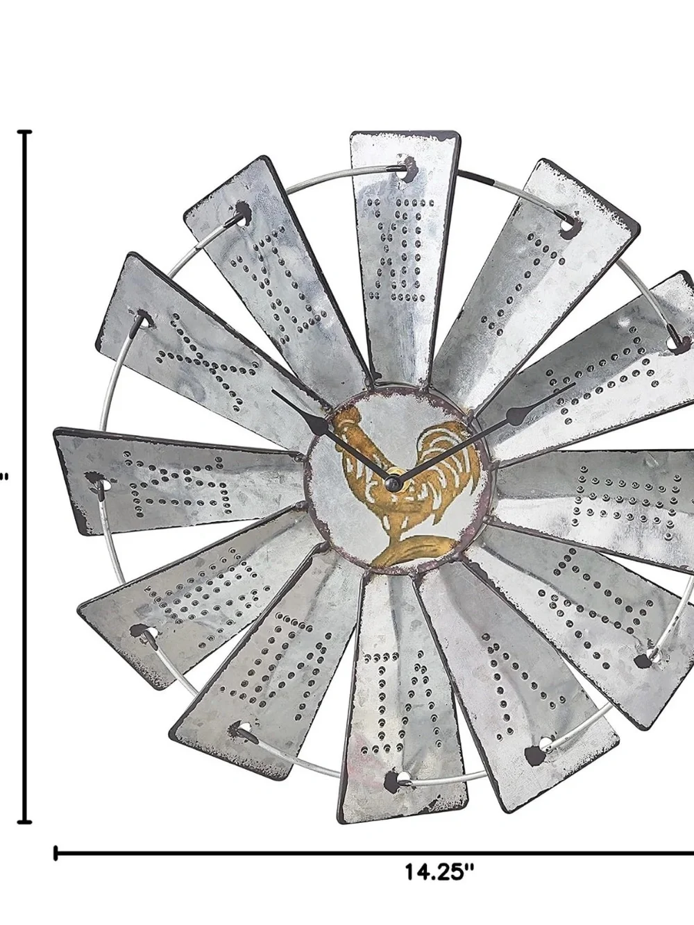 14.25 inch rustic galvanized metal windmill wall clock Roman numerals rooster